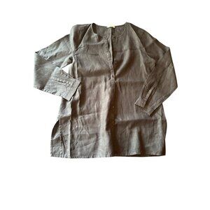 Black Organic Linen Tunic Top With Button Front & Long Sleeves